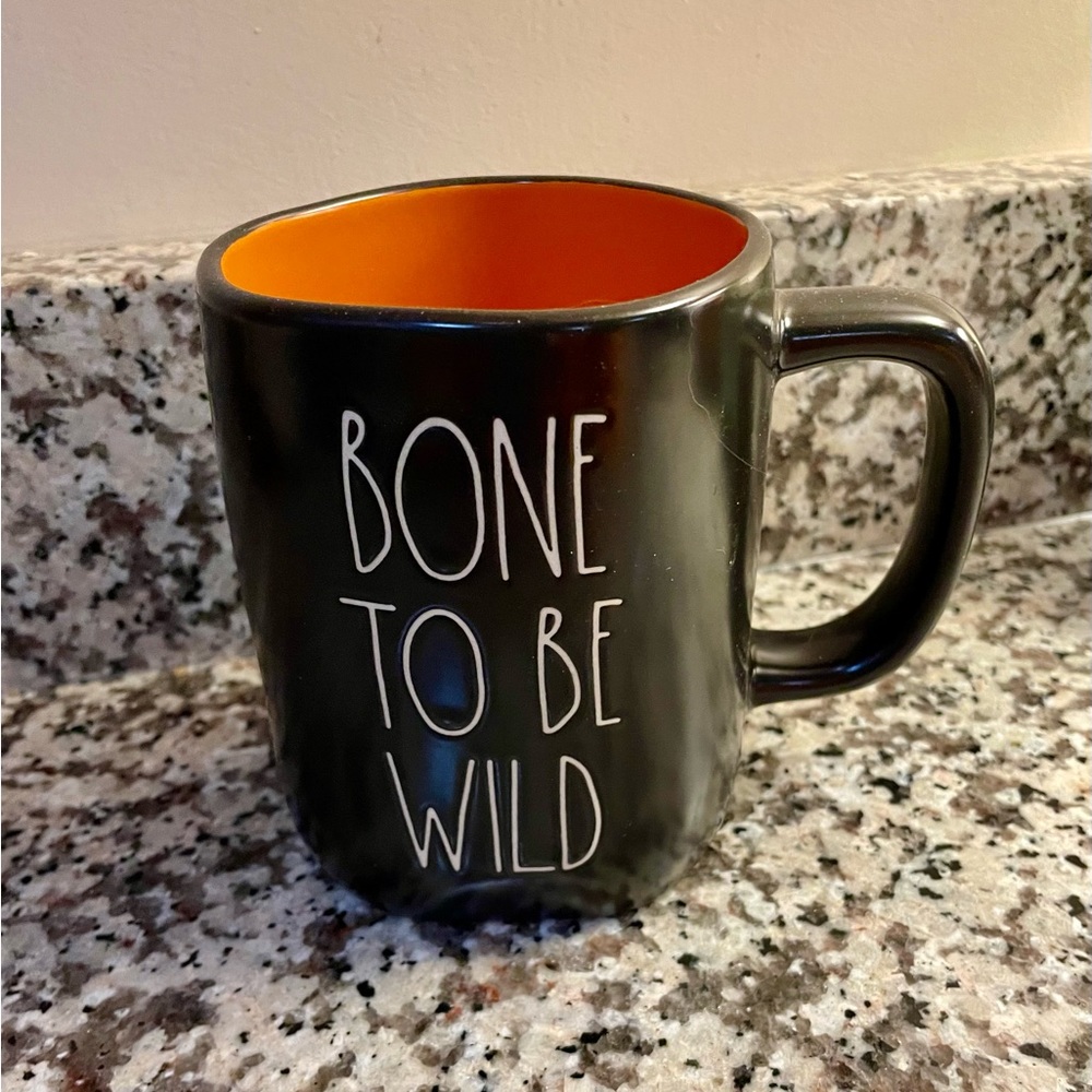 Rae Dunn Bone To Be Wild Coffee Cup Mug Halloween Fall Black Orange NEW